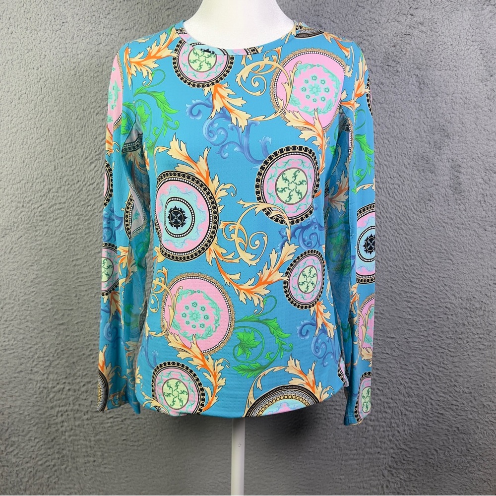 IBKUL Top Womens Small Multicolor Geometric Mesh Long Sleeve Active UPF #50